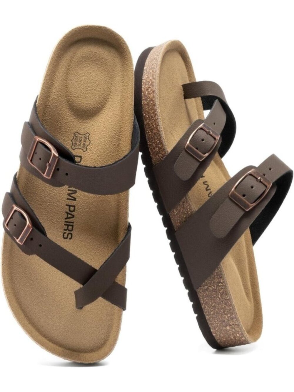 Women's Brown Open Toe Leather Cork Adjustable Strap Slide Footbed Sandals